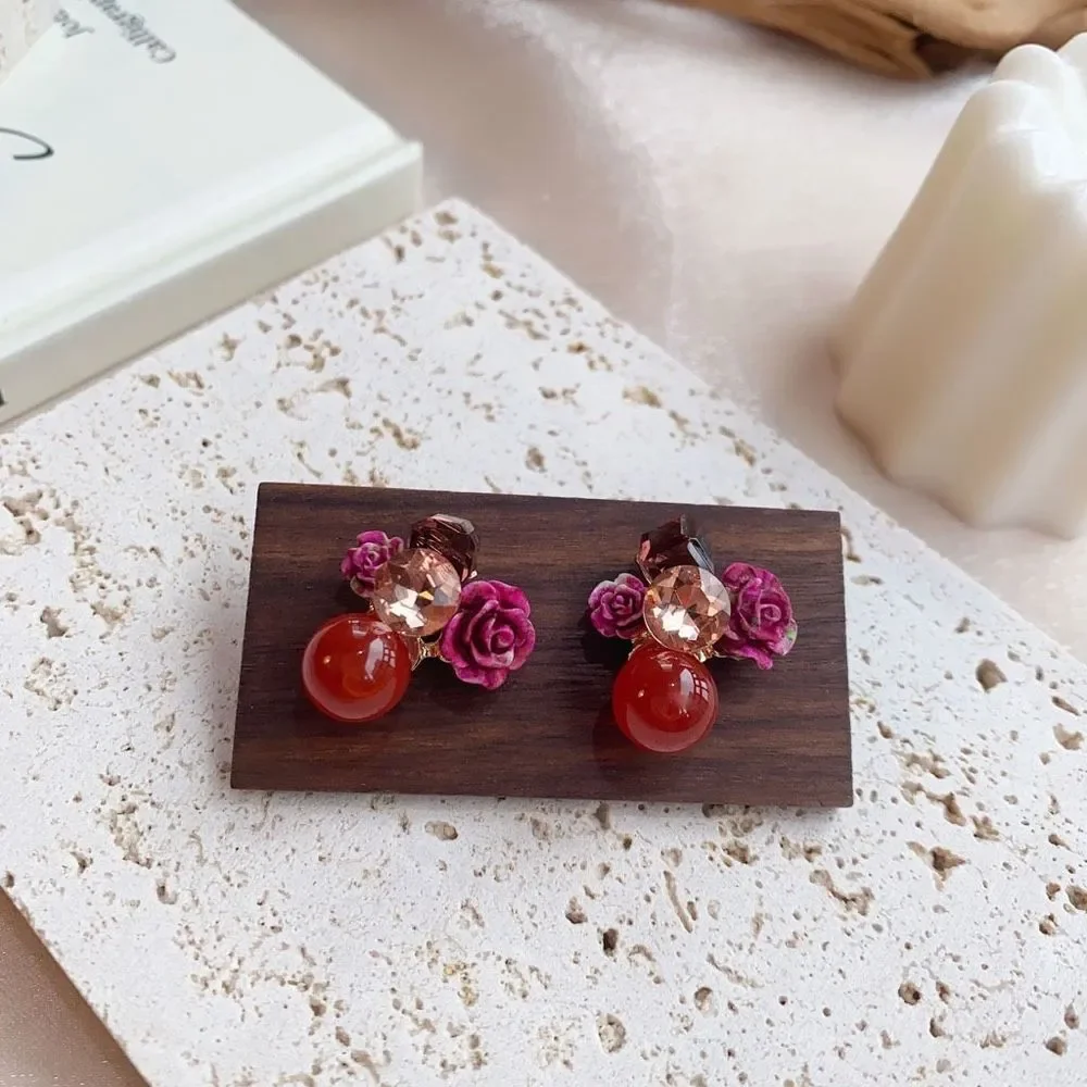 Handmade Burgundy Rose Flower Earring Studs